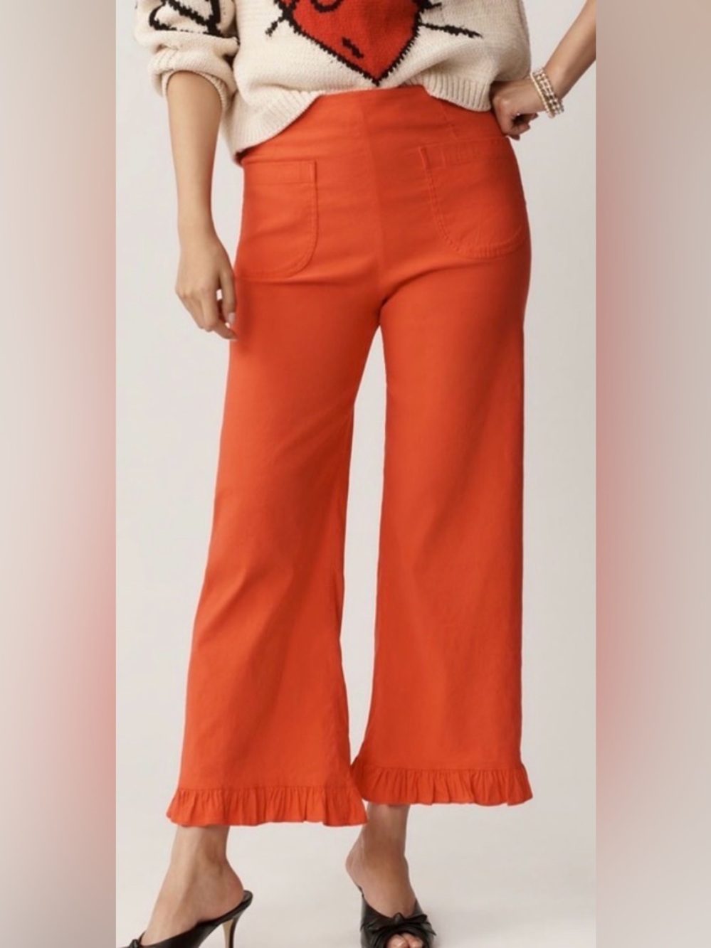 Maeve Colette High-Rise Ruffle Hem Wide-Leg Pants Orange Red Size 32